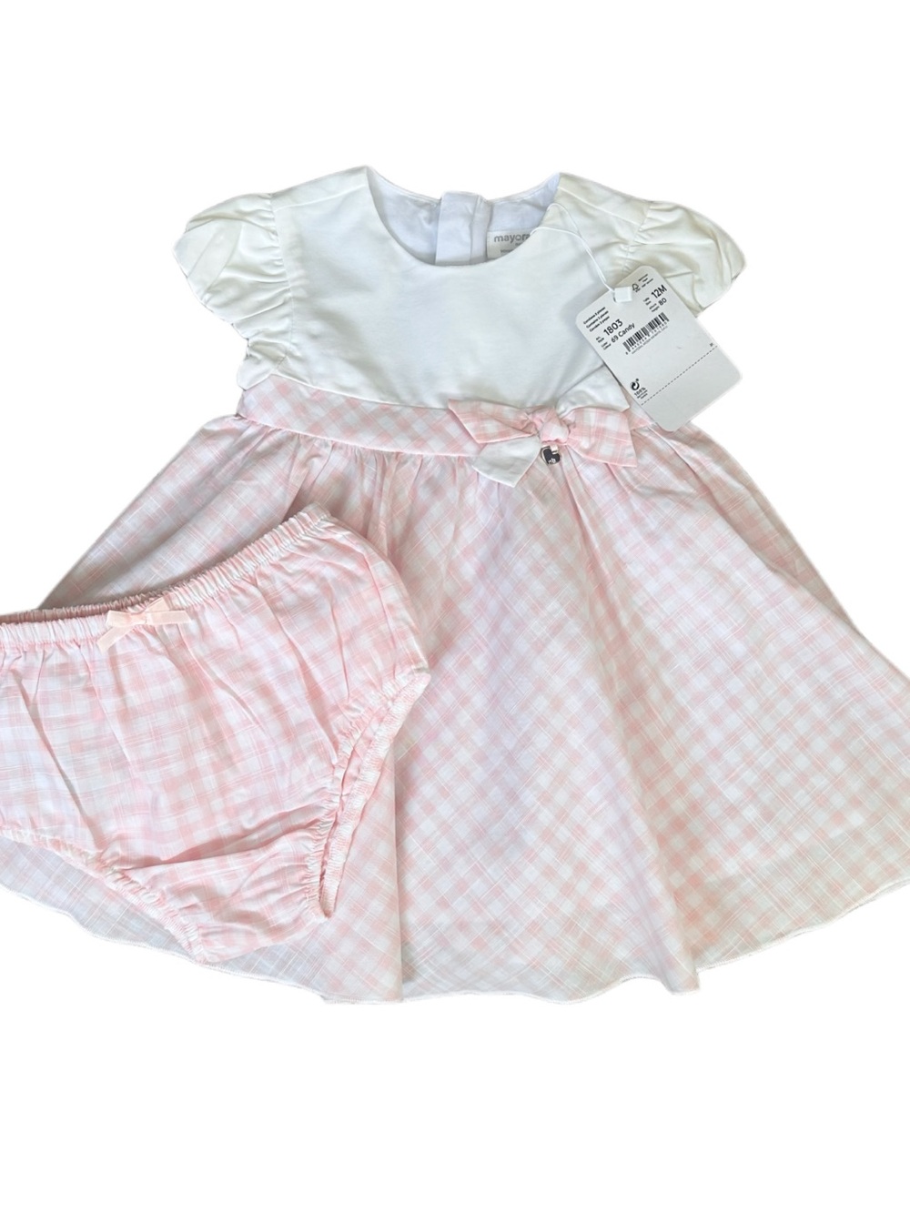 Mayoral White and Light Pink Gingham Dress with Matching Bloomers